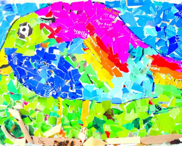 Buntes Collage-Kunstwerk eines Vogels, das zeigt, wie Kinder malen.