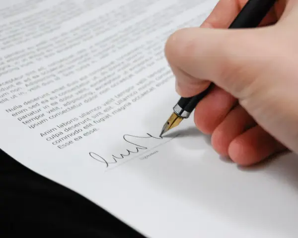 Podpisanie umowy o służebność przesyłu. Dłoń z piórem składa podpis na dokumencie prawnym.