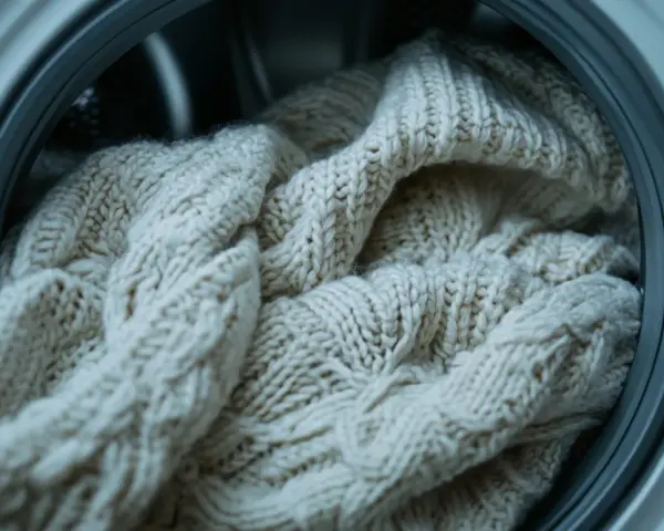 Biały, gruby sweter z warkoczami w bębnie pralki. Dowiedz się, jak prać wełniane swetry, by służyły latami.