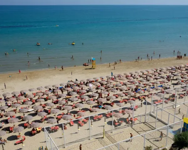 A crowded beach with rows of umbrellas and sunbathers, and people swimming in the blue sea.