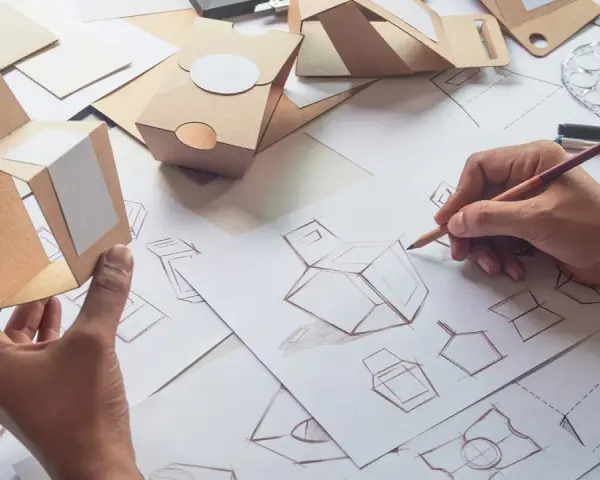 Hände skizzieren und falten Kartonmodelle für ein Produktdesign Studium. Verschiedene Verpackungsentwürfe liegen auf dem Tisch.