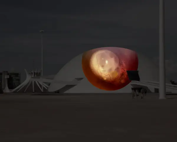 Budynek z okiem w środku, jakby patrzył na świat. To konwencja symboliczna, która skłania do refleksji.