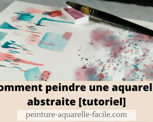 Une peinture abstraite facile à réaliser avec des touches de rose et de bleu. Un pinceau et une palette de couleurs sont visibles.