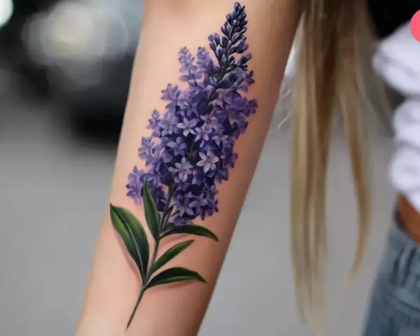 Un tatuaje de lavanda en el brazo, simbolizando serenidad y devoción.