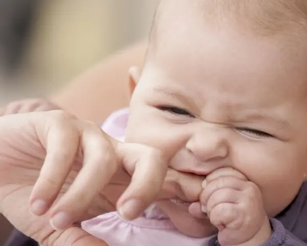 Ein süßes Baby mit einem lustigen Gesichtsausdruck, das gerade versucht, den Finger einer erwachsenen Person zu beißen.