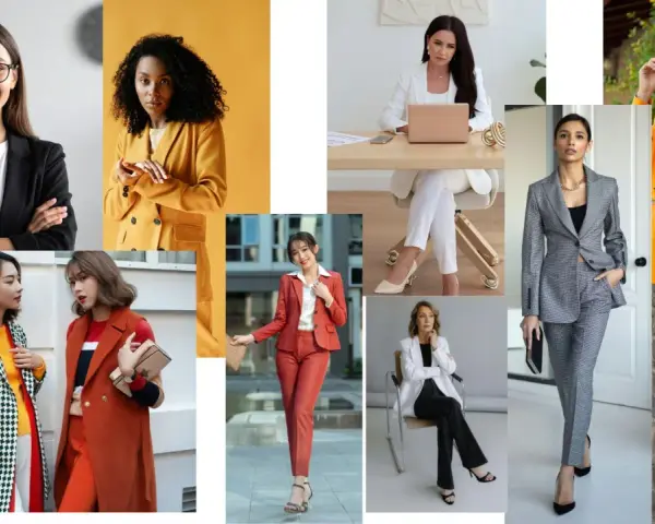 Kobiety w stylizacjach business casual: garnitury, marynarki i eleganckie spodnie.