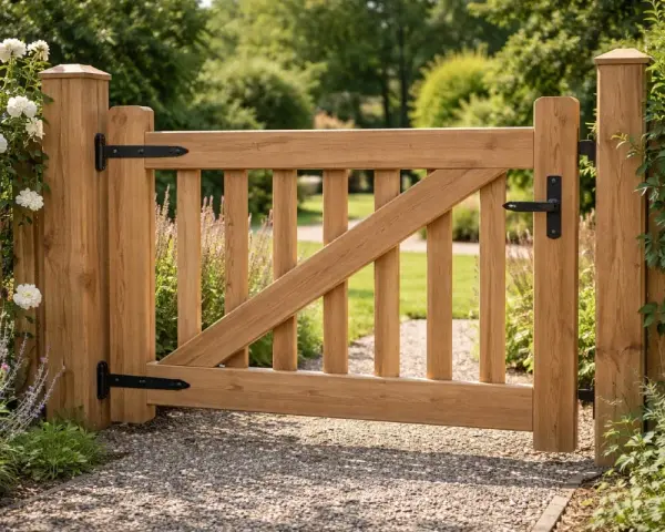 En vacker trägrind, perfekt för att bygga in din trädgård. Den har en robust design med svarta gångjärn och handtag.