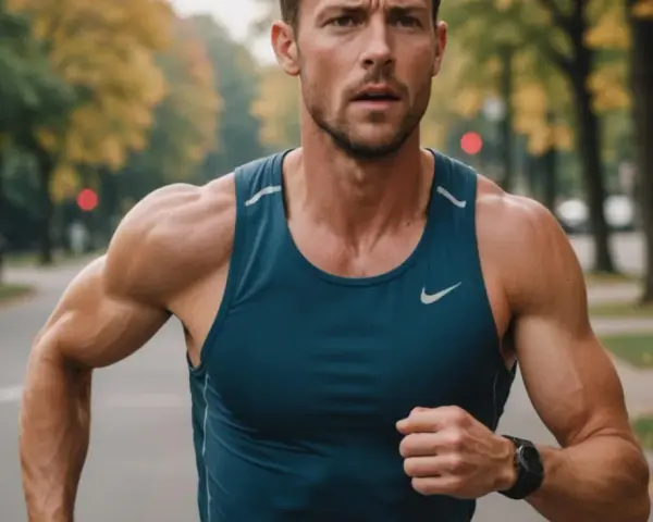 Mężczyzna w sportowym topie biegnie ulicą, skupiony na swoim oddechu. Właściwe jak oddychać podczas biegu to klucz do wytrzymałości.