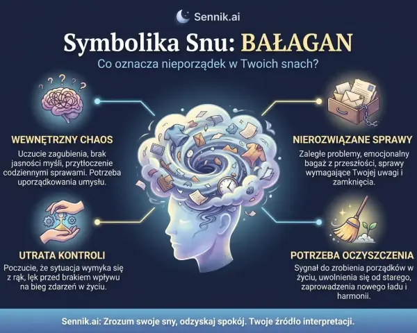 Bałaganiarstwo w snach to nie tylko bałagan, ale też odzwierciedlenie chaosu psychicznego, nierozwiązanych spraw i utraty kontroli. Potrzeba oczyszczenia.