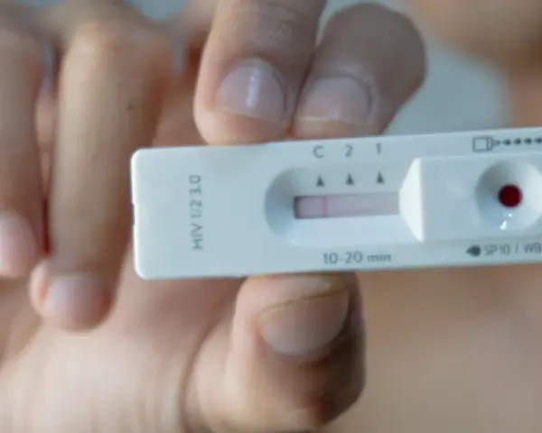 Dłoń trzyma test na HIV z widocznym wynikiem.