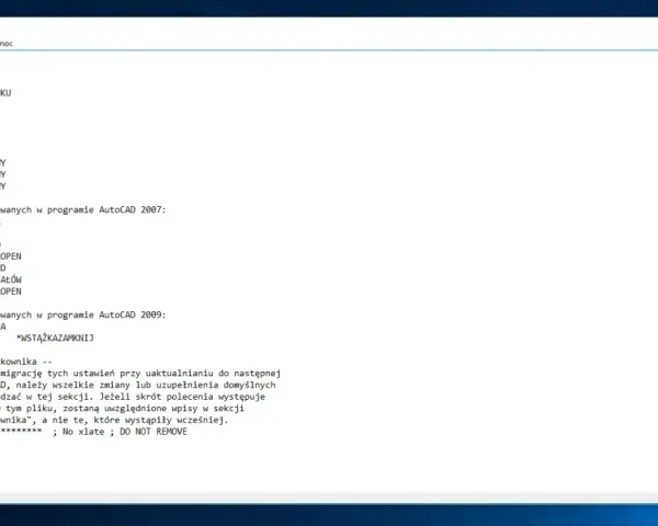 Lista skrótów autocad z podziałem na wersje programu i sekcję użytkownika.