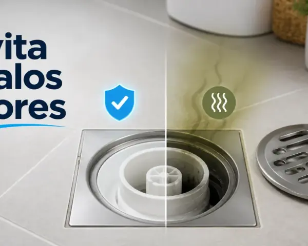 El bote sifónico evita malos olores. Comparativa visual de un desagüe limpio y uno con olores desagradables.