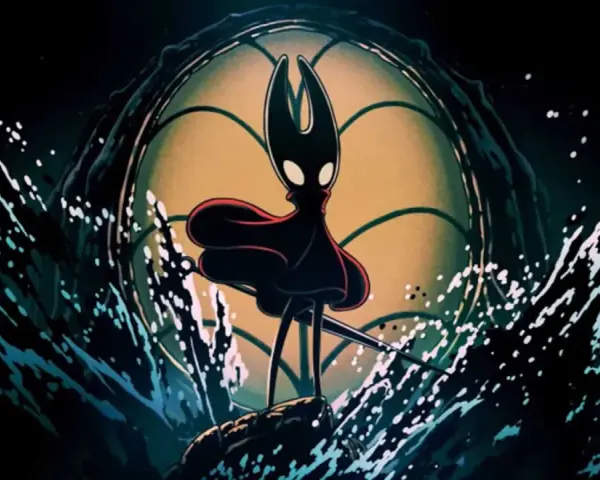 Hornet, con su capa roja ondeando, se alza sobre una roca rodeada de salpicaduras de agua. El fondo evoca la atmósfera de Silksong DLC.