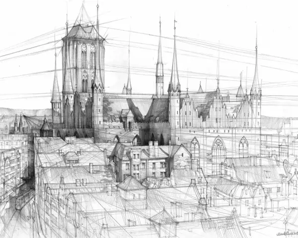 Szkic architektoniczny miasta z dominującą katedrą i licznymi dachami. W tle widać góry, a na pierwszym planie tramwaj. Tło pod rysunkiem jest białe.