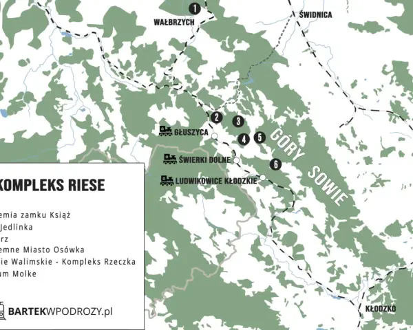 Mapa turystyczna Kompleksu Riese w Górach Sowich, z zaznaczonymi atrakcjami jak Podziemia Zamku Książ i Sztolnie Walimskie.