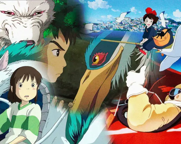 Collage di film di Studio Ghibli: Chihiro con Haku, San e il lupo, Kiki con Jiji e Porco Rosso in aereo.