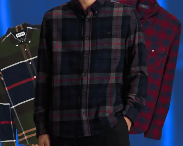 Tre camicie a quadri da uomo: una verde con blocchi di colore, una blu scuro con quadri rossi e grigi, e una rossa con quadri blu. Perfette per un outfit camicia flanella uomo.