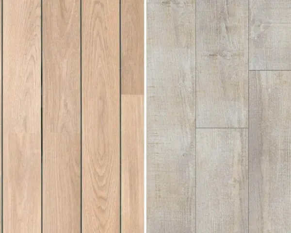 Dos muestras de suelo laminado biselado. A la izquierda, lamas de madera clara con vetas marcadas. A la derecha, lamas de madera desgastada en tono beige.