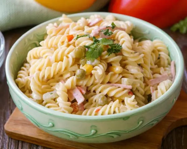 Ein cremiger Nudelsalat mit Erbsen, Mais und Schinkenwürfeln, der an einen herzhaften Fleischsalat erinnert. Garniert mit Petersilie.