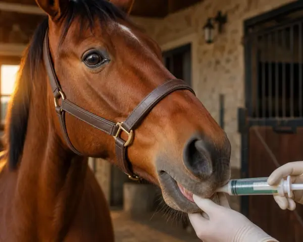 Un cheval brun reçoit un médicament par seringue, une étape importante pour sa coproscopie.