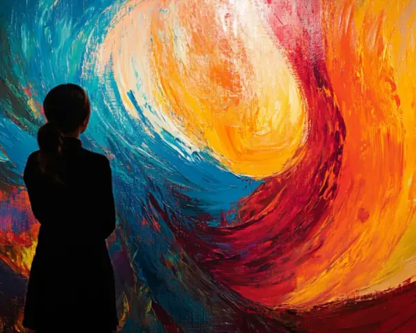 Silueta de una persona contemplando una obra de abstracción lírica, con vibrantes remolinos de azul, rojo y amarillo.