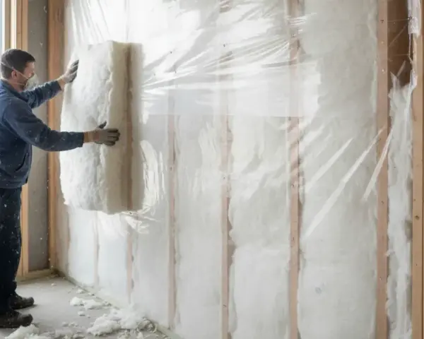 Un ouvrier installe un panneau d'isolant blanc dans un mur intérieur en bois, recouvert d'une bâche plastique transparente.