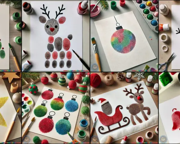Creaciones navideñas con huellas dactilares: árbol, reno, muñeco de nieve, estrella, adornos y campanas. ¡Manos navideñas llenas de arte!