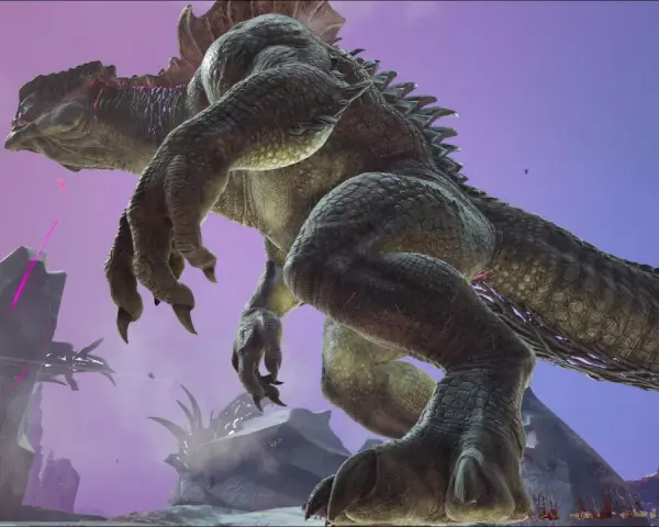 Gigantesco reptil con escamas verdes y moradas, con garras afiladas, en un paisaje alienígena. ¡Descubre los trucos de Ark para dominarlo!