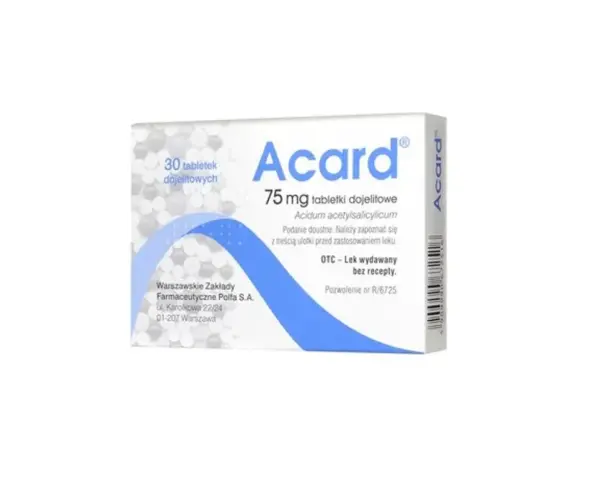 Opakowanie leku Acard 75 mg, stosowanego m.in. przez kobiety w ciąży, z informacją o 30 tabletkach dojelitowych.