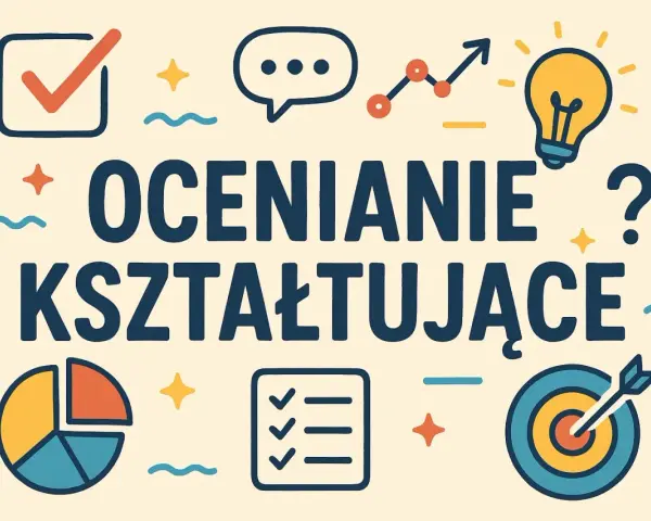 Ocenianie kształtujące w edukacji wczesnoszkolnej: przykłady. Grafika z ikonami symbolizującymi naukę, rozwój i cele.