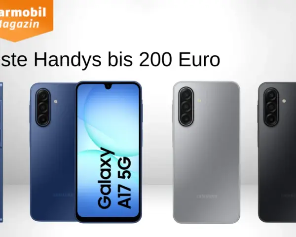 Vier Samsung Smartphones in Blau, Silber und Schwarz, davon eines mit Display.