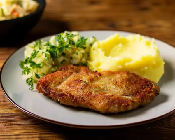 Chrupiące schabowe z airfryer, podane z purée ziemniaczanym i surówką. Pyszny obiad gotowy w mgnieniu oka!
