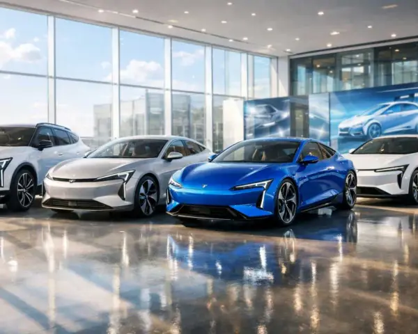 Vier elegante Elektroautos der Marke Zeekr stehen in einer hellen Halle. Ein blauer Sportwagen dominiert die Mitte.
