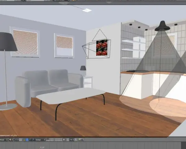 Projekt wnętrza w **blender aplikacja**: salon z aneksem kuchennym, widok z kamery, z zaznaczonymi światłami i elementami sceny.