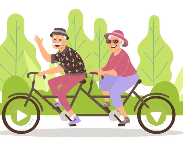 Szczęśliwa para seniorów na rowerze tandemowym, ciesząca się aktywnością po odprawie emerytalnej.