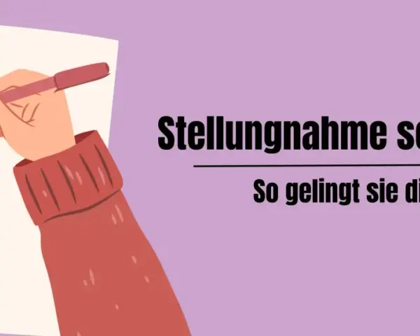 Hände schreiben eine Stellungnahme. Der Text "Stellungnahme schreiben" und "So gelingt sie dir!" ist zu sehen.