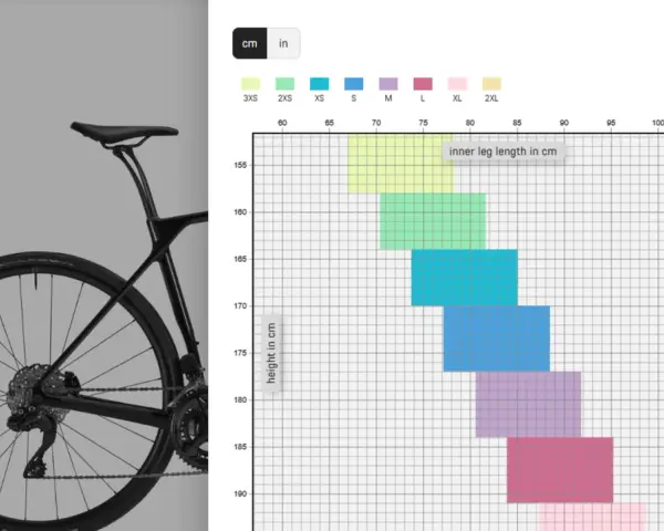 A cyclocross bike and a sizing chart showing height vs. inner leg length for different sizes.