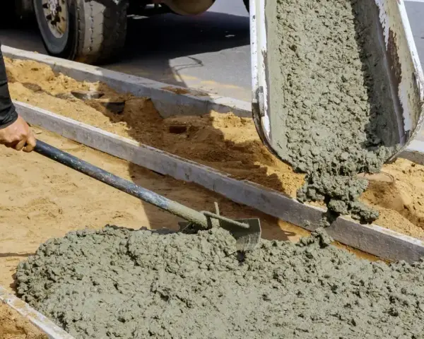 Robotnicy wylewają świeży beton z samego piasku i cementu, tworząc nowy chodnik.