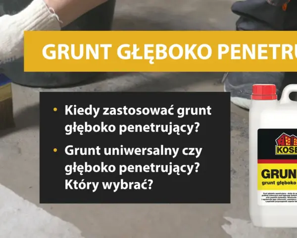 Ręka w białej rękawicy nakłada pędzlem grunt głęboko penetrujący na betonową posadzkę. Obok kanister z produktem.