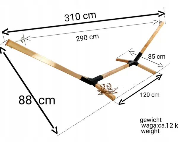 Drewniany stelaż do hamaka zrób sam, o wymiarach 310x88 cm, z elementami mocującymi i oznaczeniami.