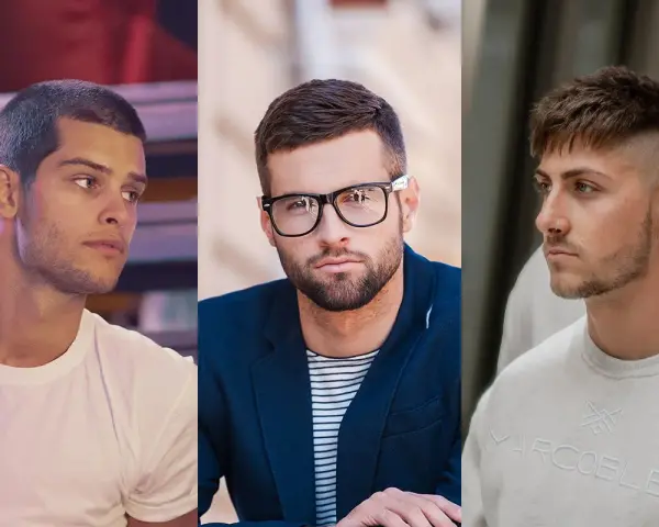 Trzech mężczyzn z różnymi fryzurami. Jeden ma klasyczny buzz cut, drugi eleganckie okulary i marynarkę, a trzeci modne cięcie z wygolonymi bokami.