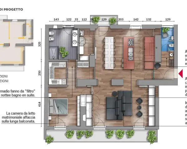 Planimetria di progetto per come dividere una casa di 150 mq: ingresso con bagno/guardaroba, cucina a vista, salotto con divano modulare.
