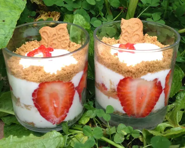 Deux verrines de tiramisu fraises spéculoos, garnies de crème, fraises fraîches et biscuits spéculoos, posées sur un lit de verdure.