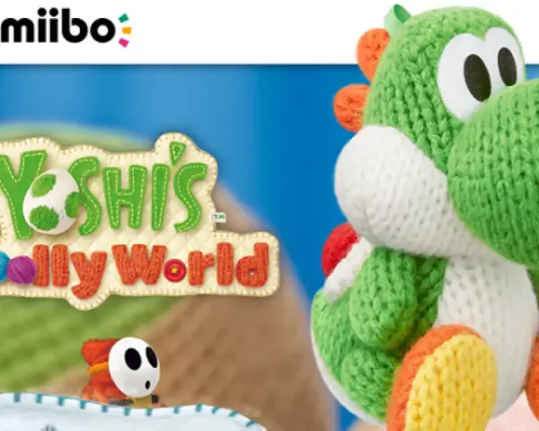 Yoshi de lana, protagonista de Yoshi's Woolly World, posa junto a un Shy Guy. ¡Un amiibo de lana listo para la aventura!