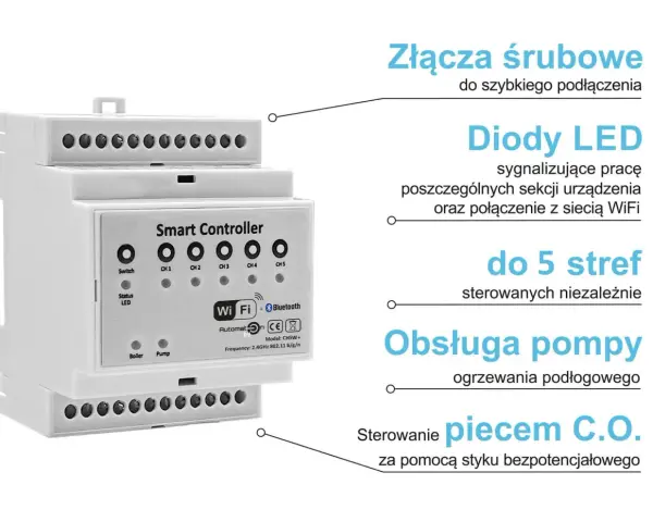 Inteligentne sterowniki do podłogówki z Wi-Fi i Bluetooth, obsługujące do 5 stref, pompę CO i piec.