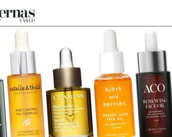 Flera ansikts oljor i glasflaskor med pipettlock, inklusive Marina Miracle, Estelle & Thild, Clarins, Björk & Berries, ACO och Exuviance.