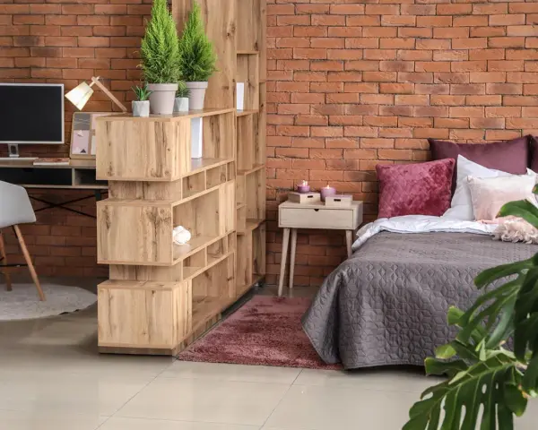 Soluzione d'arredo per un monolocale di 40 mq: libreria divisoria, scrivania, letto accogliente e piante verdi creano uno spazio funzionale e di stile.