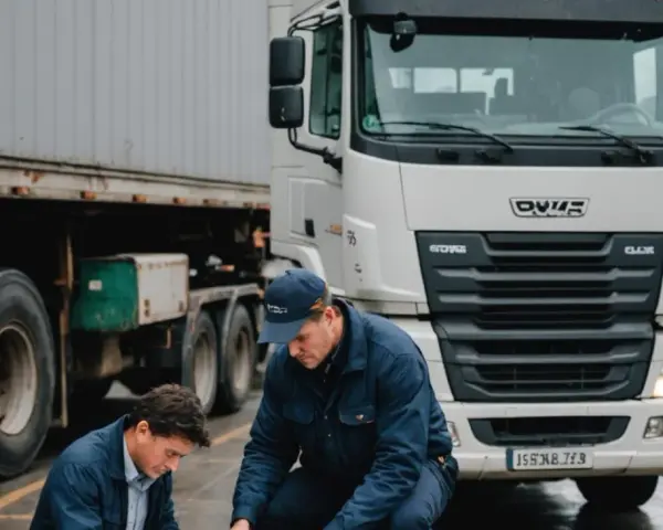 Dwóch mężczyzn przy ciężarówce sprawdza dokumenty. Na pierwszym planie widać fragmenty naczepy i opon. Jeden z nich trzyma w ręku kartę przewozową.