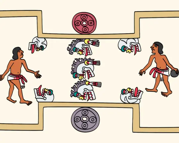 Jugadores de **deporte azteca pelota** en un juego ritual, con cabezas de serpiente y discos decorativos.