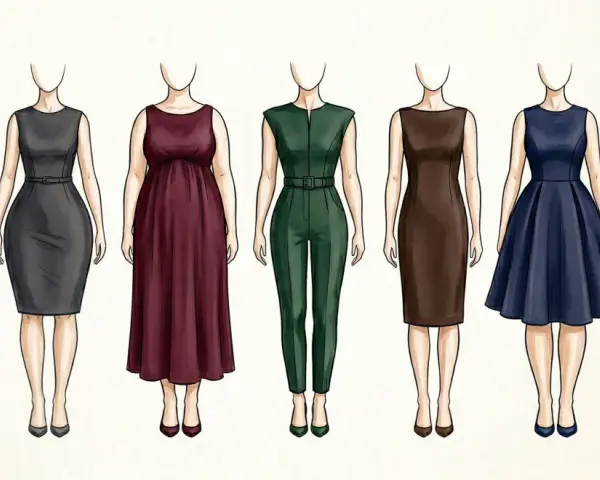 Siluetas de mujer con diferentes tipos de cuerpo, incluyendo un cuerpo reloj de arena gorditas, vestidas con trajes y vestidos.